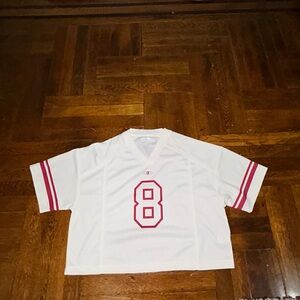 OAK + FORT White Crop Top with Red Accents